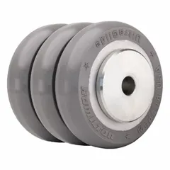This HAMILTON wheel features a gray polyurethane tread on a steel core with an UltraGlide tread shape. It has a 4-inch diameter, 3-inch width, and a load rating of 1,200 lb. Commonly used on heavy-duty carts, dollies, and industrial platforms for low rolling resistance and floor protection.