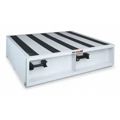 This steel storage drawer unit is designed for bed-mounting in trucks or vans. It features four drawers and measures 48 inches wide, 48 inches deep, and 13 inches high. The white finish provides a clean appearance for organizing tools and parts in fleet and vehicle maintenance applications.