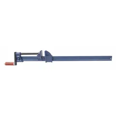 This I-beam bar clamp features a crank handle for adjustment and a static bar slide design. It provides a maximum jaw opening of 72 inches and a clamping force of 3,500 lb. Suitable for securing large workpieces in woodworking, metal fabrication, and construction applications.