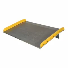 Aluminum dock board with diamond treadplate surface for traction. Overall length 60 inches, width 72 inches. Bridges gap between loading dock and truck or trailer for forklift and pallet jack access in warehouses and industrial facilities.