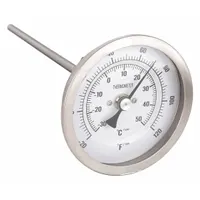 This dial thermometer provides local temperature indication in industrial HVAC, refrigeration, and process piping systems. It features a back-mount fixed-angle thread-mount design for permanent installation in tanks, boilers, or pipelines. The thermometer has a 6-inch stem and an accuracy of ±1%
