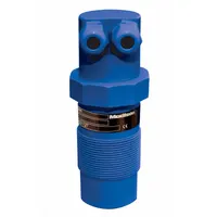 Ultrasonic liquid level sensor transmitter with 2 in NPT connection and 2 1/8 in antenna diameter. Provides non-contact level measurement up to 19 ft with accuracy of +/-0.2% of full range. Operates on 30V DC with 4 to 20mA output. Suitable for continuous level monitoring in tanks and vessels