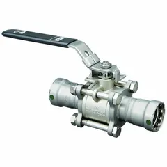 Two-way ball valve with straight stainless steel body, PTFE and FKM seals, and locking lever handle. Used for on/off flow control in industrial piping systems requiring corrosion resistance and leak-tight shutoff.