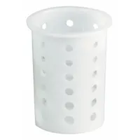White plastic cylinder for organizing and dispensing flatware in commercial kitchens, buffet lines, or self-service stations. Cylinder diameter 3 3/4 in, overall height 5 5/8 in