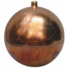 Copper float ball with 1/4 in external IPS thread for liquid-level control applications. Used to actuate valves or switches in tanks and reservoirs handling water, oil, or other non-corrosive fluids.