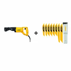 This corded reciprocating saw kit includes a 10 A motor with a 1 1/8 in stroke length. It features a straight design with a non-adjustable shoe and weighs 7 lb. Suitable for cutting wood, metal, and plastic in demolition, remodeling, and general construction tasks.