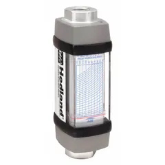 This HEDLAND flowmeter is an inline variable area meter for measuring flow rate of air and compressed gases. It features a scale display, Viton seals and O-rings, and universal mounting orientation. Accuracy is +/-2% and flow is indicated in liters. No pressure gauge or adjustment knob included.