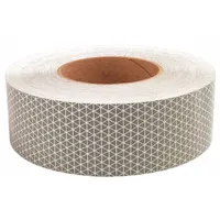 White reflective tape with acrylic adhesive, 2 inches wide by 50 yards long. Designed for marking construction vehicles, emergency vehicles, trucks, and trailers to improve nighttime visibility
