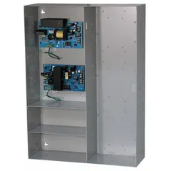 Steel-enclosed power supply board converting 115V AC input to regulated 12VDC at 4A and 24VDC at 6A, with a maximum output of 10A. Suitable for access control, security, and industrial automation systems requiring dual-voltage DC power in a rugged enclosure.