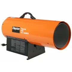 This direct-fired portable gas torpedo heater provides temporary or supplemental heating for large open areas such as construction sites, warehouses, and workshops. It features a flame-out sensor for safety and has overall dimensions of 16-1/8 in H x 25-5/8 in W x 11-13/16 in.