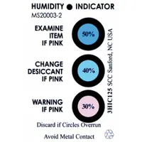 This humidity indicator card, measuring 3 inches in length, contains three dots impregnated with cobaltous chloride that change color at 30%, 40%, and 50% relative humidity. Supplied in a pack of 125, it provides visual monitoring of moisture exposure inside sealed packaging or equipment