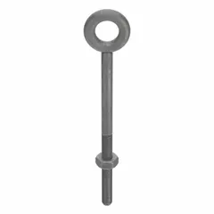 This machinery eye bolt without shoulder is made of galvanized steel for corrosion resistance. It has a 5/16"-18 thread size and 3-inch thread length, and includes a nut for secure attachment. Used for lifting, pulling, or securing loads in rigging and material handling applications.