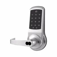 This mechanical keyless access lockset features a chrome finish and straight-return lever style. It is a cylindrical keypad lock with cylinder override for key-based backup entry. Suitable for interior doors in commercial or institutional applications where keyless entry is desired