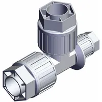 The SMC LQ3T6A-R6 is a PFA compression tube fitting with three compression ports, sized 1 in OD x 1 in OD x 1/2 in OD. It is part of the LQ3 series and complies with RoHS6 and RoHS10 standards. This fitting is used in high-purity fluid systems for secure, leak-free connections