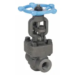 This SHARPE gate valve features a forged steel body and bonnet with a rising stem and solid wedge made of 410 stainless steel. It has FNPT x FNPT connections and is rated for 1,975 psi CWP. Operated by a wheel, it is used for on/off flow control in high-pressure industrial piping systems.