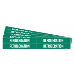 Green adhesive pipe markers with white 'Refrigeration' legend, designed for pipes with outer diameter 3/4 to 2-3/8 inches. Each pack contains 4 markers without arrows. Used to identify refrigeration lines in industrial piping systems.