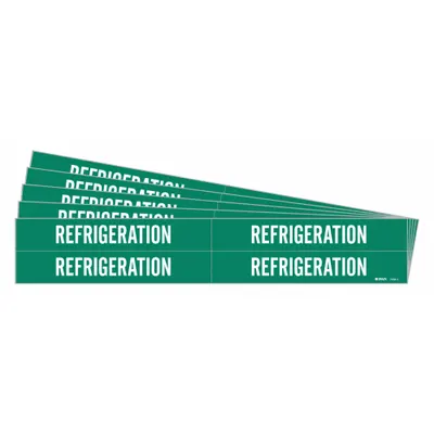 BRADY Pipe Marker: Refrigeration, Green, White, Fits 3/4 to 2 3/8 in Pipe O.D. - Refrigeration Adhesive Pipe Markers