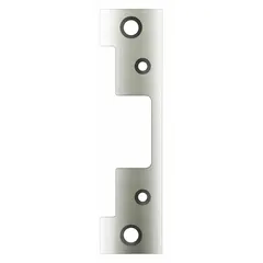 This stainless steel faceplate is designed for use with HES Series 5000 electric strikes. It measures 4 7/8 inches in height and provides a corrosion-resistant cover for the strike mechanism in commercial door access control systems.