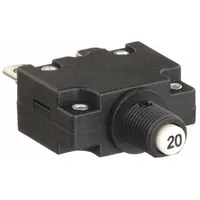 This 20 A push button style miniature circuit breaker is designed for front panel mounting with a 3/8 in collar. It features 1/4 in tab terminals and is rated for 125/250V AC or 32V DC. Typical applications include overcurrent protection in control panels, power distribution, and electrical equipment enclosures