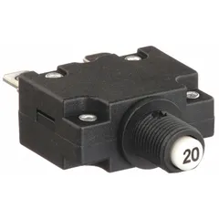 This 20 A push button style miniature circuit breaker is designed for front panel mounting with a 3/8 in collar. It features 1/4 in tab terminals and is rated for 125/250V AC or 32V DC. Typical applications include overcurrent protection in control panels, power distribution, and electrical equipment enclosures.