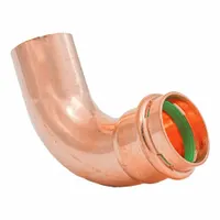 This 90-degree press elbow is used in plumbing systems to change pipe direction. It features a seal window for visual confirmation of proper installation. Constructed from copper or bronze, it is suitable for potable water and hydronic heating applications