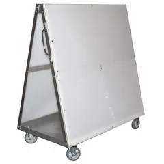 This A-frame mobile pegboard rack is constructed of white polypropylene and features 1/4-inch peg holes. It measures 30 inches by 48 inches by 51 inches and includes two rigid casters for mobility. Suitable for organizing and displaying tools, parts, or merchandise in warehouses, workshops, or retail environments.