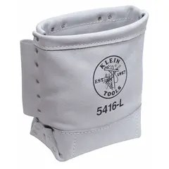 This white leather tool pouch features an open-top design with a single pocket, accommodating belts up to 3 inches wide. It provides convenient storage and quick access to hand tools such as screwdrivers and pliers during electrical, maintenance, or construction tasks.