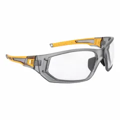 Full-frame safety glasses with clear lenses and a gray/yellow frame. Padded comfort-fit design for extended wear. Suitable for impact protection in industrial environments such as machining, material handling, and general plant operations.