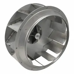 This backward-inclined blower wheel has a diameter of 12 1/4 inches and a width of 5 13/16 inches. It features a CCW hub end rotation and is constructed from aluminum. Used in industrial air-moving systems such as HVAC units, dust collection, and ventilation.