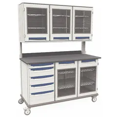This mobile workstation from METRO features a polymer construction with a taupe cabinet and white drawers. It is equipped with two swivel casters and two swivel casters with brakes, allowing for easy movement and secure positioning. Suitable for transporting and organizing medical instruments and supplies in healthcare environments.