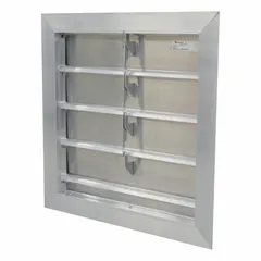 This wall-mount backdraft damper is designed for a 20-inch nominal duct diameter and features flat blades with horizontal airflow direction. Constructed from aluminum, it measures 20 inches in height, 20 inches in width, and 2 1/4 inches in depth. Used in ventilation systems to prevent reverse airflow when the fan is off.