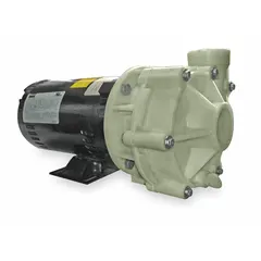 This centrifugal pump features a polypropylene housing and impeller for chemical resistance. It is powered by a 1 1/2 hp open dripproof motor, operates on three-phase 208-230/460V AC, and has NPT connections. Suitable for transferring corrosive fluids in industrial settings such as chemical processing and wastewater treatment.