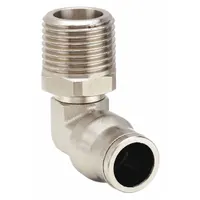 Nickel-plated brass push-to-connect elbow fitting with 10 mm OD tube connection and 3/8" MBSPT male thread. Designed for leak-free connections in pneumatic and low-pressure fluid systems. Silver finish provides corrosion resistance