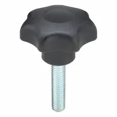 7-arm knob with threaded stud for manual adjustment and clamping. Plastic body with steel thread insert. Diameter 50 mm, thread size 3/8"-16, thread length 40 mm.