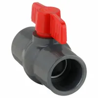 This one-piece PVC ball valve features a straight socket x socket configuration with a Tee handle. It is used for on/off flow control in piping systems handling water, air, or compatible fluids. The PVC construction provides corrosion resistance for applications such as water treatment and irrigation