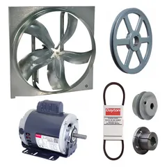 Unassembled belt-drive panel exhaust fan with drive package. Features a 24 in blade, 1/2 hp motor delivering 6950 cfm, and operates on 115/208-230V AC single-phase power. Open dripproof motor with Class B insulation, steel frame with zinc-plated finish. Suitable for general ventilation in industrial and commercial facilities, removing heat, fumes, and stale air. Without intake guards.
