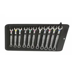 This set includes 11 metric 12-point ratcheting combination wrenches with head sizes ranging from 8 mm to 19 mm. The wrenches are constructed from alloy steel with a nickel chrome finish. The ratcheting box end allows for faster fastening without repositioning, while the open end is used for initial rundown. The set is supplied in a pouch for organized storage.