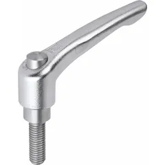 This KIPP handle features a teardrop-style design with a threaded stud for adjustable positioning without tools. Constructed from corrosion-resistant stainless steel with a silver finish, it has an M6 thread, 50 mm thread length, and 65 mm overall length. Suitable for use in industrial equipment, jigs, and fixtures where corrosion resistance is needed.