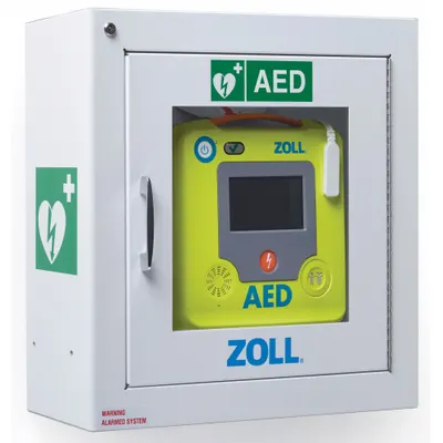 ZOLL Wall Cabinet: Wall Cabinet, Alarm Included, Stainless Steel, White, 17 1/2 in Overall Ht - Alarmed Wall Mounted Storage Cabinets for AEDs