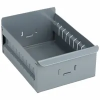 This metal drawer bin measures 8-1/4 x 4-1/2 inches with an overall length of 11 inches. It is finished in gray and includes dividers for organizing small parts. Not stacking capable. Suitable for use in workstations, warehouses, and maintenance areas
