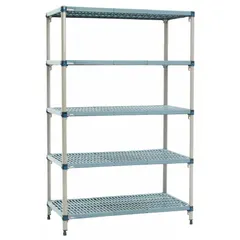 This stationary shelving unit from METRO features five quick-adjust shelves with antimicrobial resistance properties. The steel frame and steel shelving material provide structural support. Suitable for organizing materials in industrial, commercial, and healthcare environments where hygiene is important.