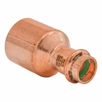 Copper or bronze press tube fitting with FTG x Press-fit ends, sized 1 1/4 in CTS x 1/2 in CTS. Includes a seal window for visual leak detection. Used in plumbing systems to transition between different copper pipe sizes