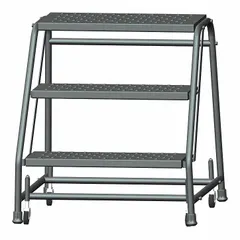 Steel rolling step stool with three steps and a 2.4 ft standing height. Supports up to 450 lb. Gray finish with four swivel casters for easy mobility. Suitable for reaching overhead storage, equipment, or shelving in industrial and warehouse settings.
