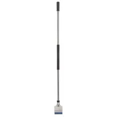 Floor scraper with a stiff, straight carbon steel blade for removing flooring materials, adhesives, paint, and residues from flat surfaces. Handle features a foam/rubber grip with a hammer end for added force. Suitable for heavy-duty scraping tasks in construction, renovation, and maintenance.