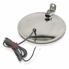 Round convex mirror for passenger vehicle side with heated surface to prevent ice and fog. Provides wide-angle view to reduce blind spots, aiding driver awareness during lane changes and backing maneuvers.