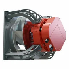 Assembled belt-drive blower with a 14-inch airfoil wheel and totally enclosed fan cooled (TEFC) motor. Rated for 460V, 3-phase operation. Suitable for industrial ventilation and air movement in commercial buildings, factories, and warehouses.