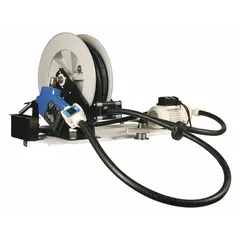 This electric drum pump system is designed for dispensing diesel exhaust fluid (DEF) from totes or drums. It operates on 115 V AC with a 1/10 hp motor and delivers a maximum flow rate of 8 gpm. The kit includes a polypropylene pump, discharge hose, reel, stainless steel nozzle, and a digital meter.