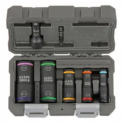This flip socket set from KLEIN TOOLS features a 1/2 in drive size and includes SAE sockets. The flip design allows for quick changes between two drive sizes in one tool. Suitable for use with impact tools in general fastening and removal tasks.