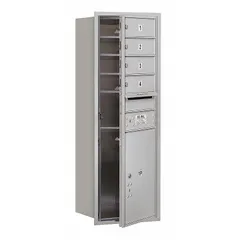 Horizontal multi-unit mailbox with 5 lockable doors, designed for recessed mounting and front access. Measures 41 3/8 in H x 17 in W x 16 1/2 in D. Suitable for secure mail distribution in apartment buildings, offices, or commercial facilities.