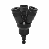 This round aluminum manifold is designed for distributing compressed air or fluid to multiple lines in pneumatic systems. It features a 3/8 in quick-disconnect insert for easy connection and disconnection. Commonly used in industrial automation, packaging, and material handling applications
